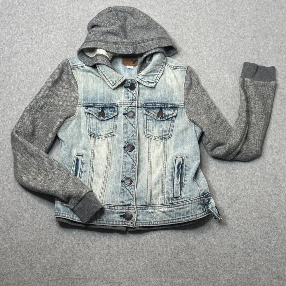 American Eagle Outfitters Denim‎ Hoodie Jacket Women's Small Gray Blue